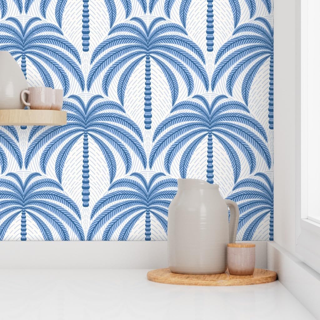 Spoonflower Peel & Stick Wallpaper 3ft x 2ft - Palm Trees Blue and White Large Scale Tropical Palms Geometric Coastal Nautical Custom Removable Wallpaper