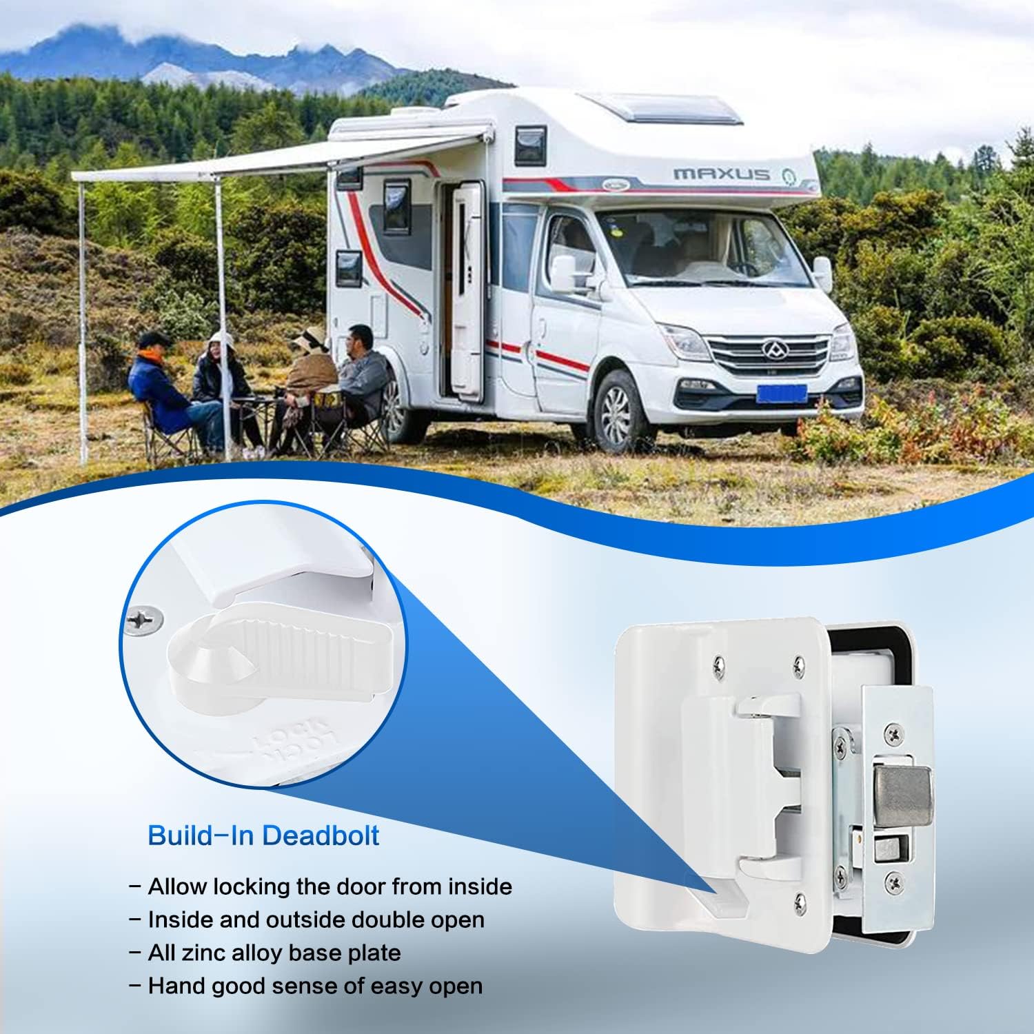 RV Door Locks Replacement Upgraded RV Door Latch with Paddle Deadbolt Zinc Alloy Camper Door Handle Latch Travel Trailer Entry Door Lock with Keys for Camper Horse Cargo Hauler 2 Pack White