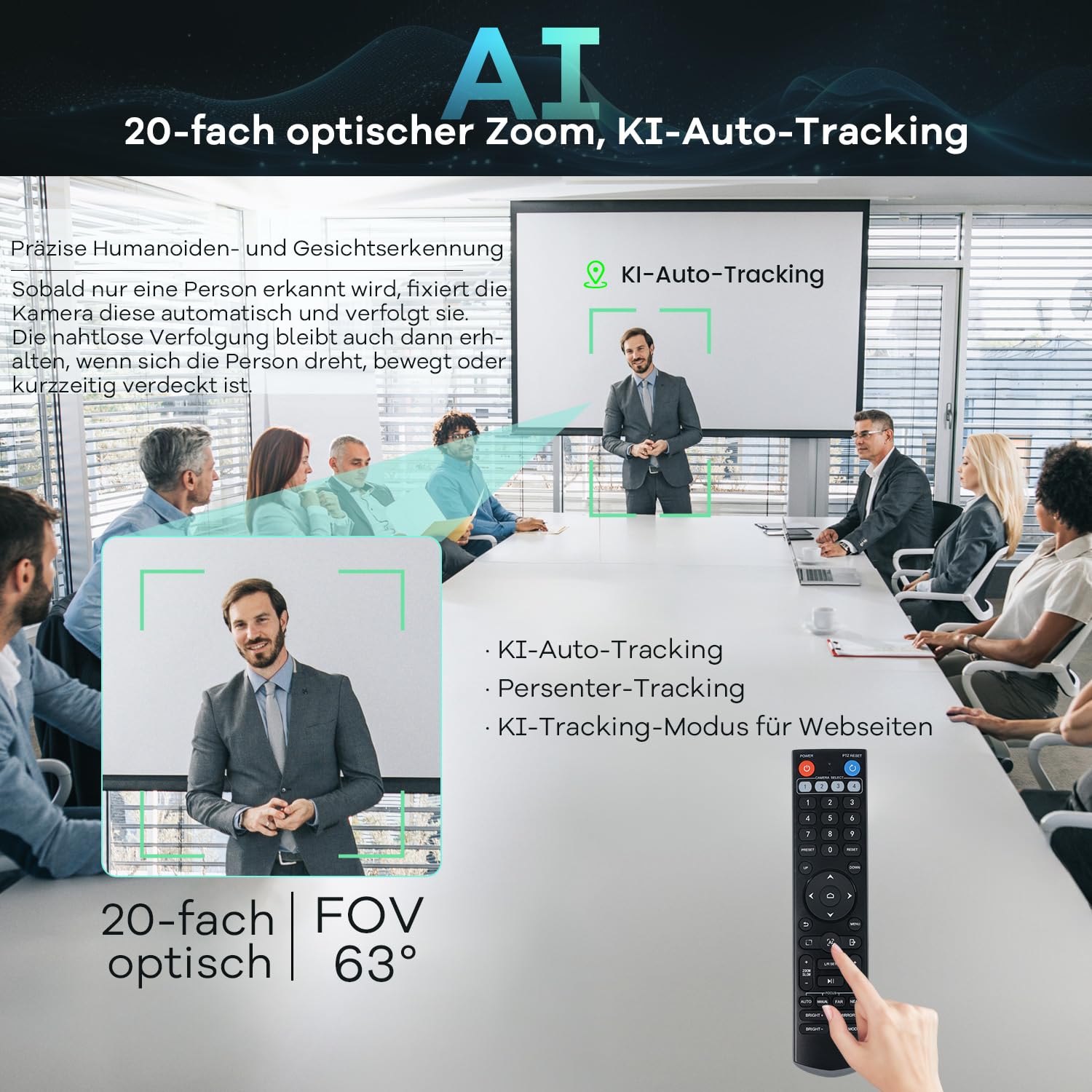 TONGVEO Système de caméra de salle de conférence PTZ 4K - Suivi automatique IA - Zoom 20x - Caméra PTZ 4K USB 3.0 HDMI LAN - Sorties et Bluetooth - Mains libres avec microphone pour de grandes