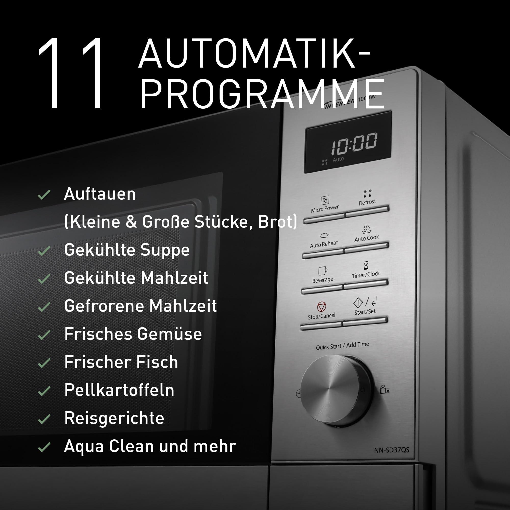 Panasonic NN-SD37QSEPG Solo-Mikrowellenofen, 29 l, 1000 W, automatisches Auftauen, 11 automatische Programme, Timer, Silber & Edelstahl