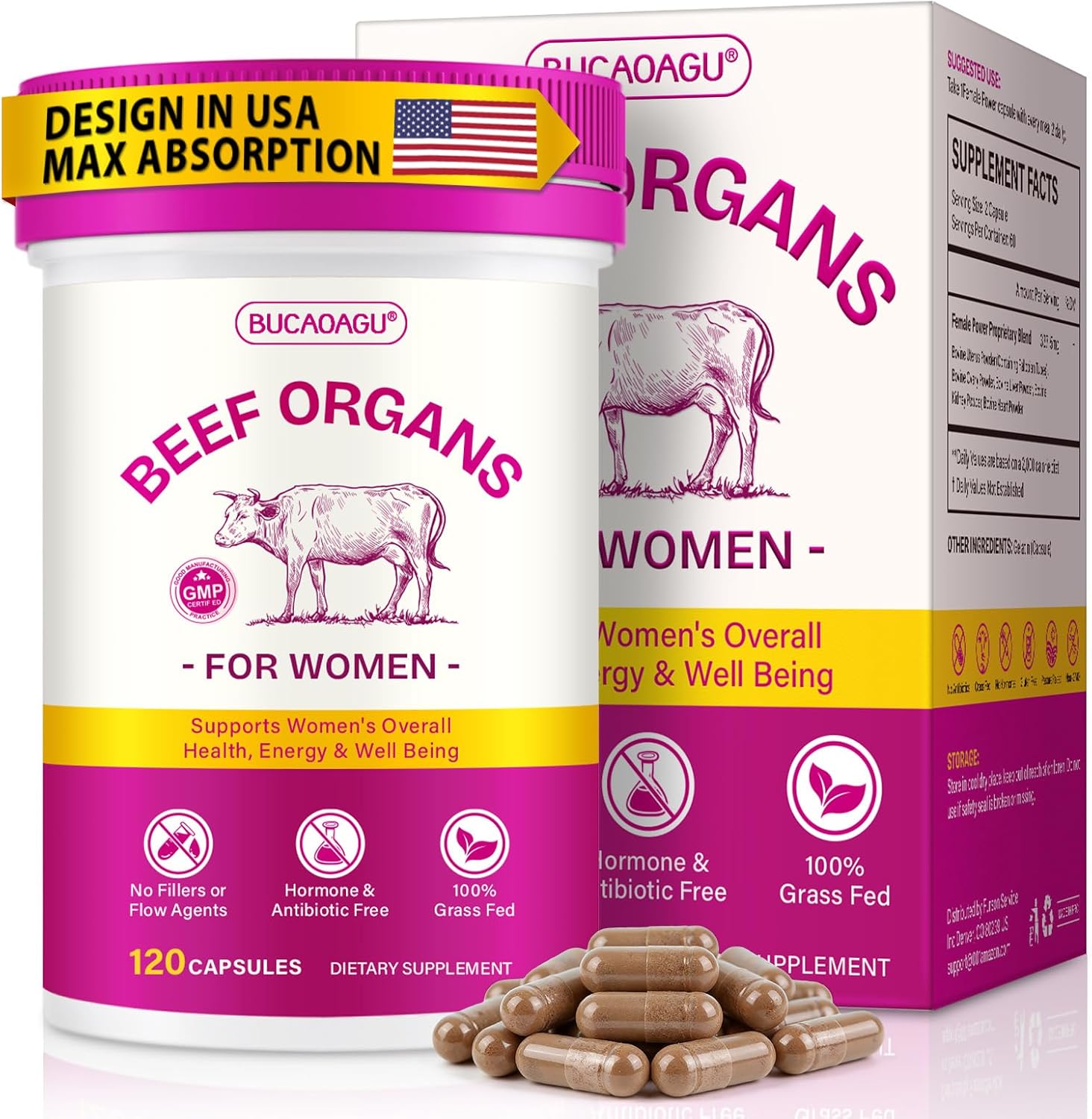 Beef Organ Supplement for Women - Grass-Fed Beef Liver, Kidney, Heart, Uterus, Ovary - Supports Female Energy & Hormone Balance - Pasture Raised in New Zealand - Iron, B12 & CoQ10 - 120 Capsules