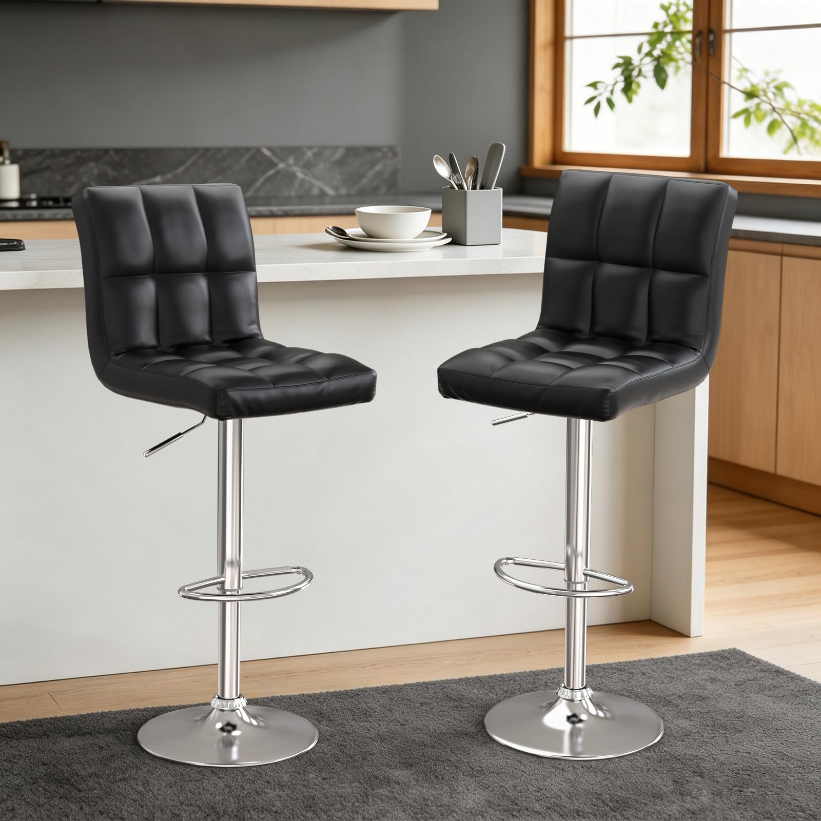 Bigzzia Barhocker 2er Set, Barhocker mit Lehne, Höhenverstellbar, PU-Leder Gepolsterter Barstuhl mit Rückenlehne und Fußstütze, 360° Drehbar, für Küche, Theke, Bar, Schwarz