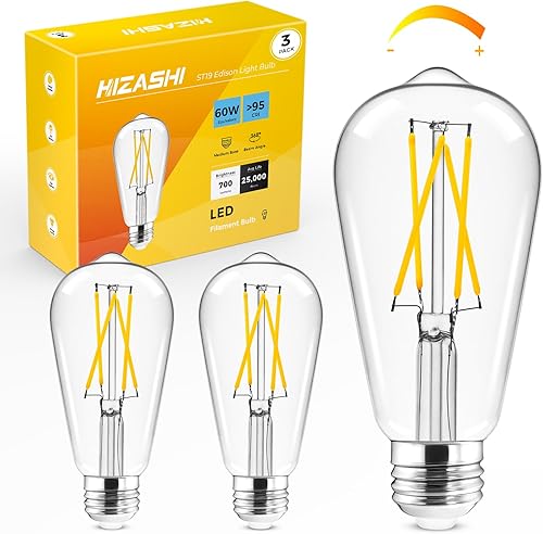 Miniatura 25 de Hizashi Bombilla LED Edison Vintage Regulable, 6W Equivalente a 60W, 3000K Blanco Suave, Bombillas LED Base E26, 700LM, Certificado UL, Alto CRI 95+