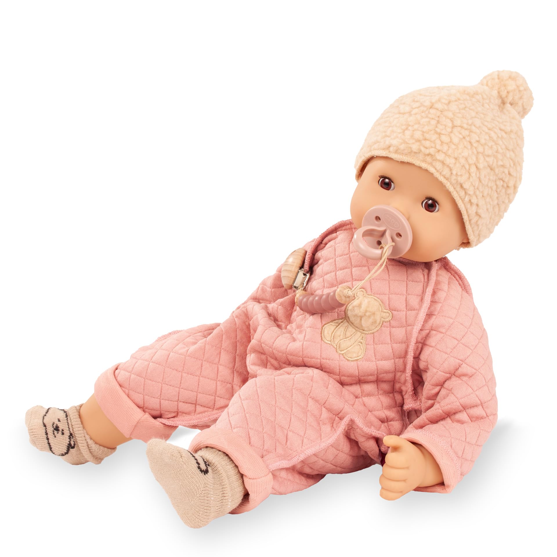 Götz 2627972 Maxy Muffin Bärig Puppe 42 cm Babypuppe braune Schlafaugen | 7-tlg, ohne Haare, Weichkörper, für Kinder ab 3 Jahren, waschbar, mit Schnuller, Plüschmütze und Strümpfchen