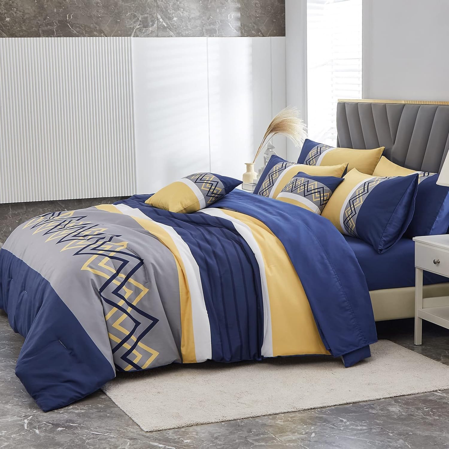 WURUIBO Microfiber Comforter Set, Queen Size, 6 Pieces Bed in a Bag, Blue Comforters Queen Size, All-Season Soft Bedding Set with Sheets & Pillowcases, Machine Washable