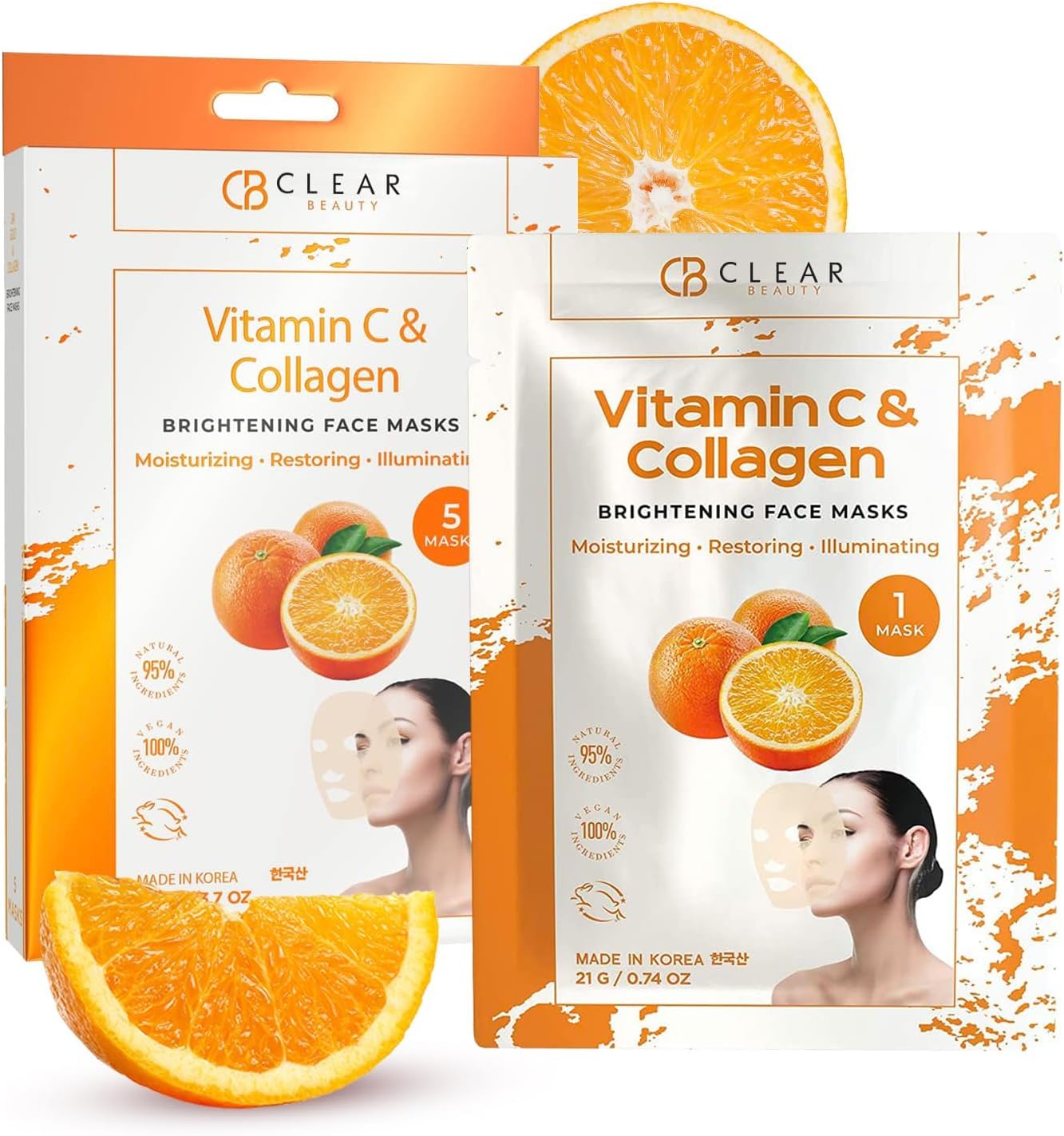 Clear Beauty Vitamin C and Collagen Sheet Face Mask - Diminishes Fine Lines & Wrinkles, Lifts & Hydrates Skin, Brightening Sheet Mask - Cruelty Free Korean Skin Care For All Skin Types