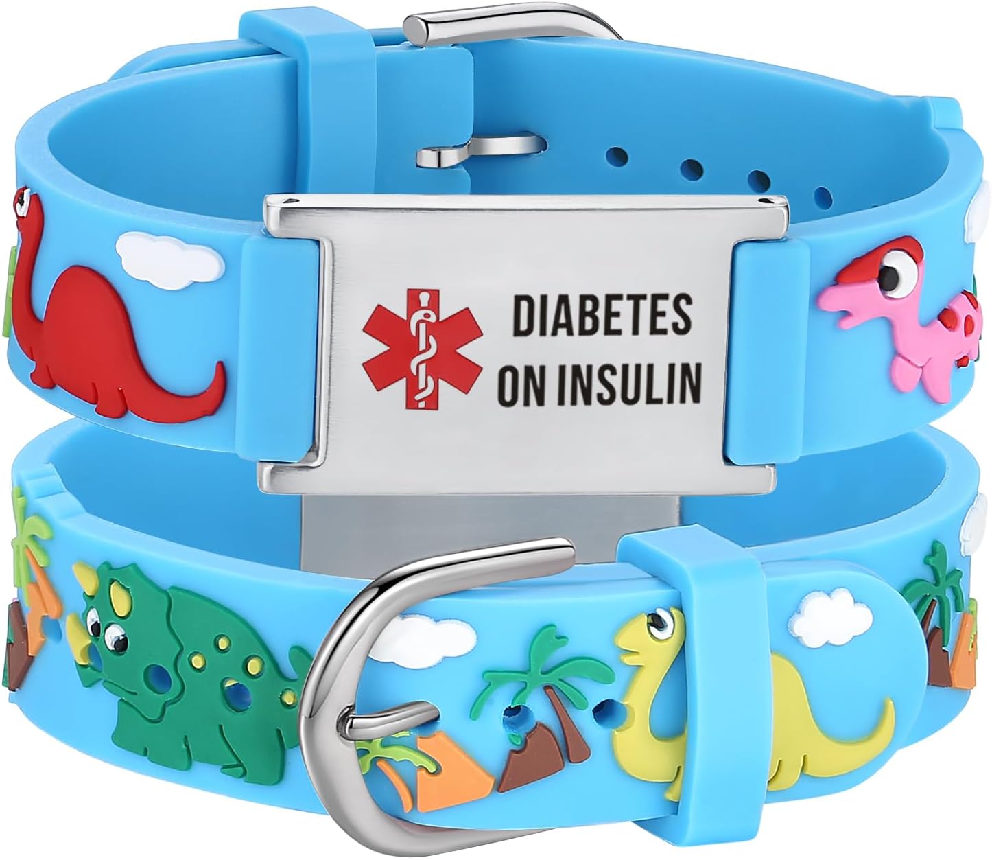 LinnaLove Medical Alert ID Bracelet – Custom or Pre-Engraved, QR Code Available,Blue Dinosaur Band