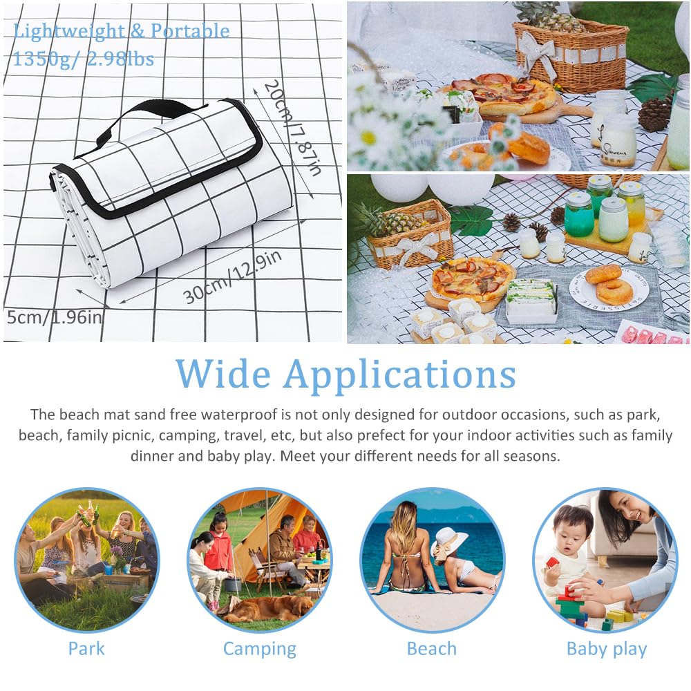 Tyuodna Large Picnic Blanket 200 x 200 cm,Beach Blanket Waterproof and Sand Proof with Carrying Handle,Foldable Picnic Blanket Large Padded,Beach Mat Picnic Mat Machine Washable (black white grid) - Image 3