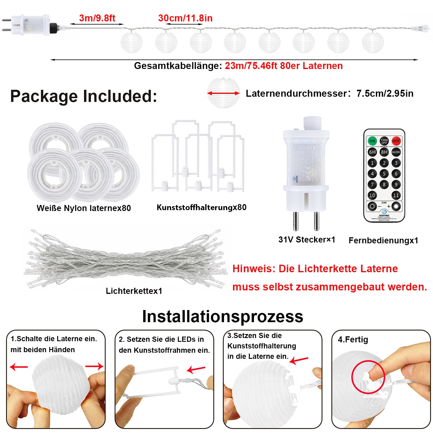StarryEver 20M LED Lampions Lichterkette Außen Strom, Warmweiß und Bunt 11 Modi Lampion Lichterkette mit Fernbedienung, 80 LED Chinesische Laternen Beleuchtung Lichterketten Draußen für Patio Balkon