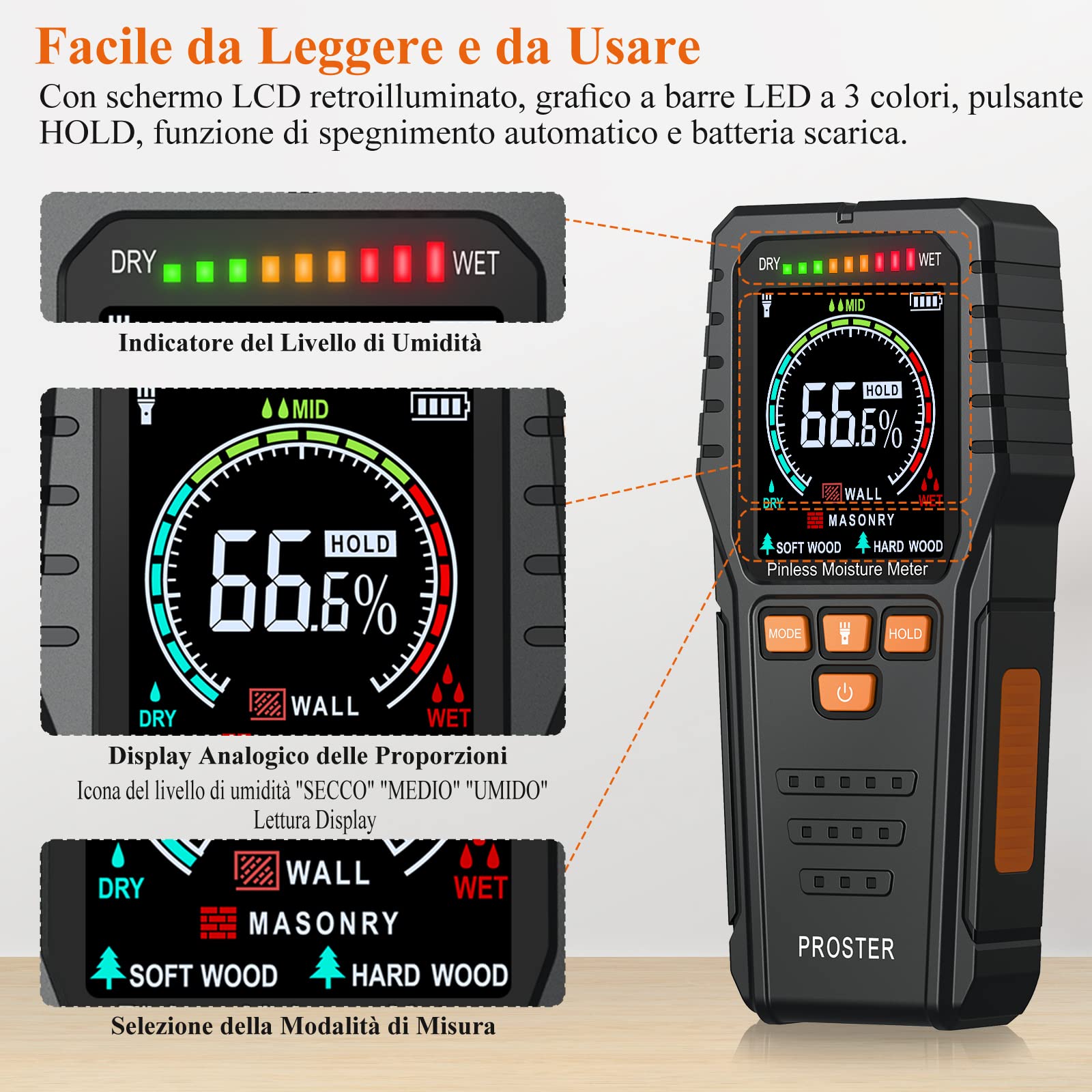 Proster Igrometro Legno Induttivo 19mm Misuratore di Umidità del Legno senza Pin con Allarme Profondità di Rilevamento 19mm Rilevatore Umidità per Cartongesso Muro Legno con Custodia Nera