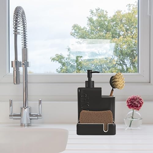 Miniatura 2 de Dispensador de jabón con soporte de esponja y soporte para cepillo, bomba dispensadora de jabón de platos de cerámica, organizador de jabón líquido