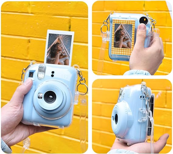 Rieibi Accessories for Fujifilm Instax Mini 12, Gift Bundle Includes Clear Instax Mini 12 Case with Strap, Mini12 Photo Album, Selfie Mirror, DIY Stickers, Color Filter (No Camera) - Blue