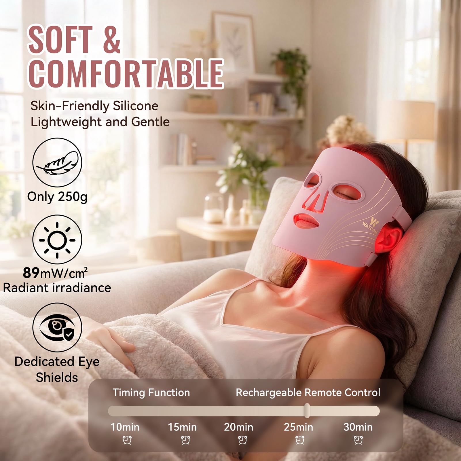 WAYCOM Thérapie par lumière rouge pour le visage : masque de thérapie par lumière LED portable approuvé par la FDA pour soins de la peau – 400 LED 850 nm infrarouge et thérapie par lumière bleue rouge