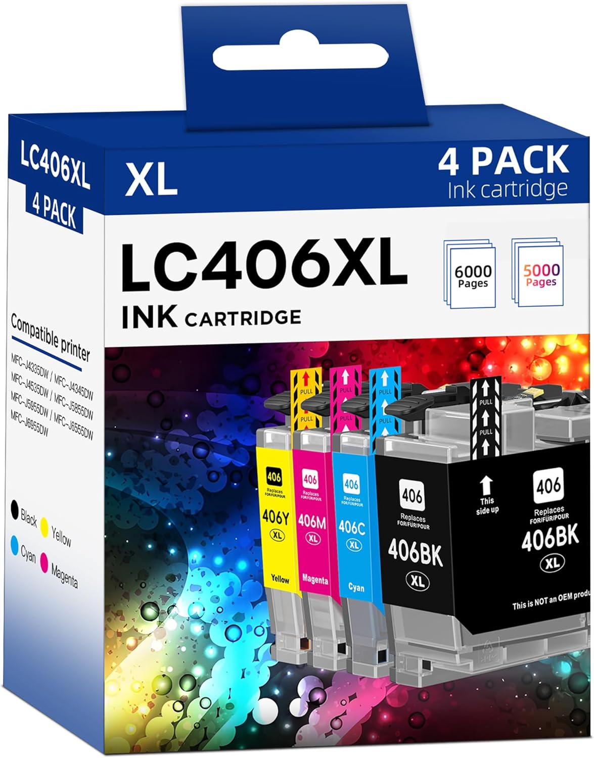 LC406XL Ink Cartridges High Yield Compatible for Brother LC406XL LC406 use to Brother MFC-J4335DW MFC-J4535DW MFC-J5855DW MFC-J6555DW MFC-J6955DW Printer (Black, Cyan, Magenta, Yellow, 4 Pack)
