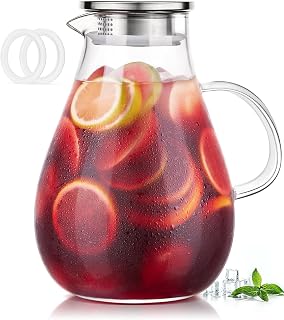 Glass Pitcher, 84oz Glass Water Pitcher with Lid and Handle, Large Borosilicate Hot/Cold Water Jug for Iced Tea, Sangria and Juice Beverage