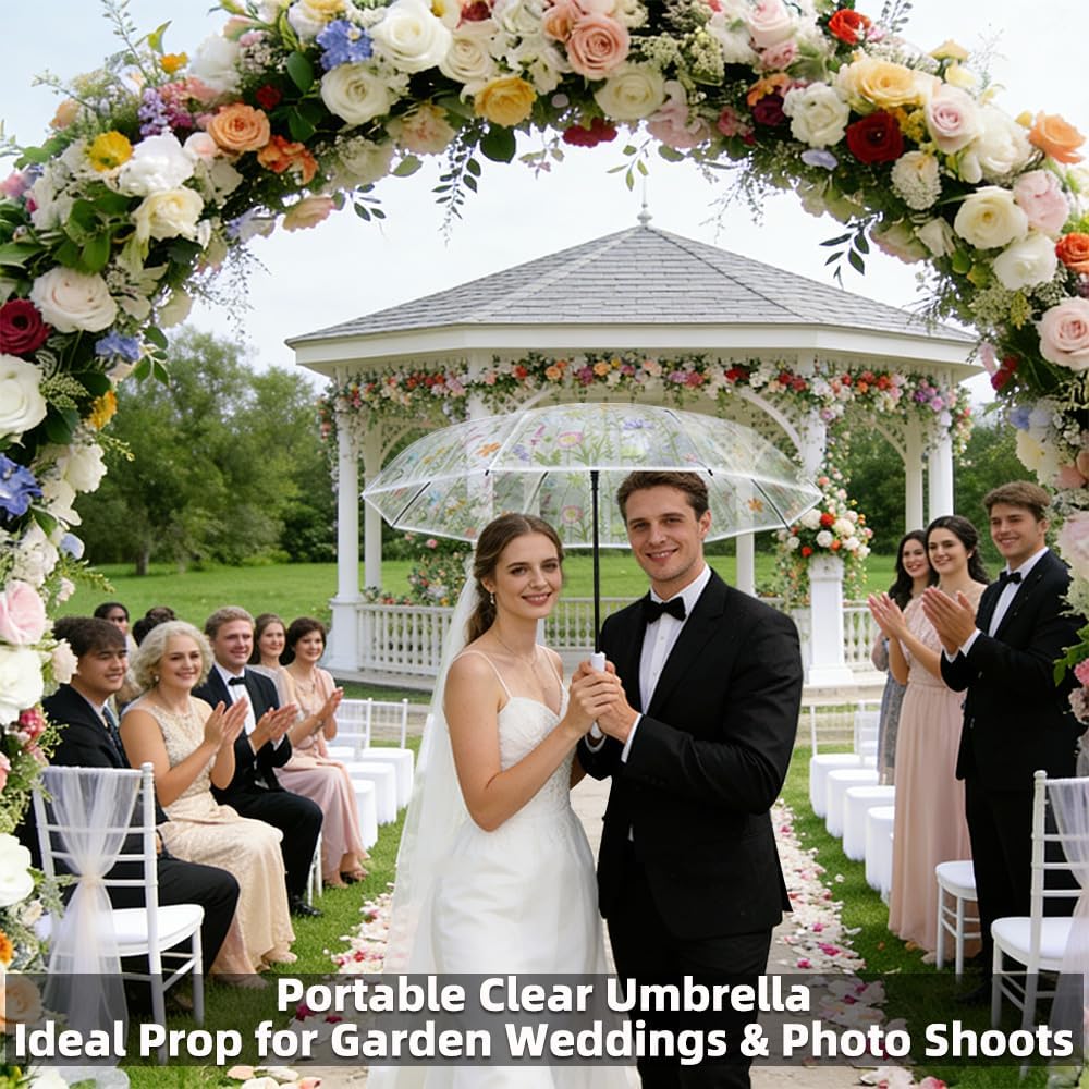 Clear Flower Umbrella, Clear Transparent Umbrella for Windproof Rainproof Wedding Adult