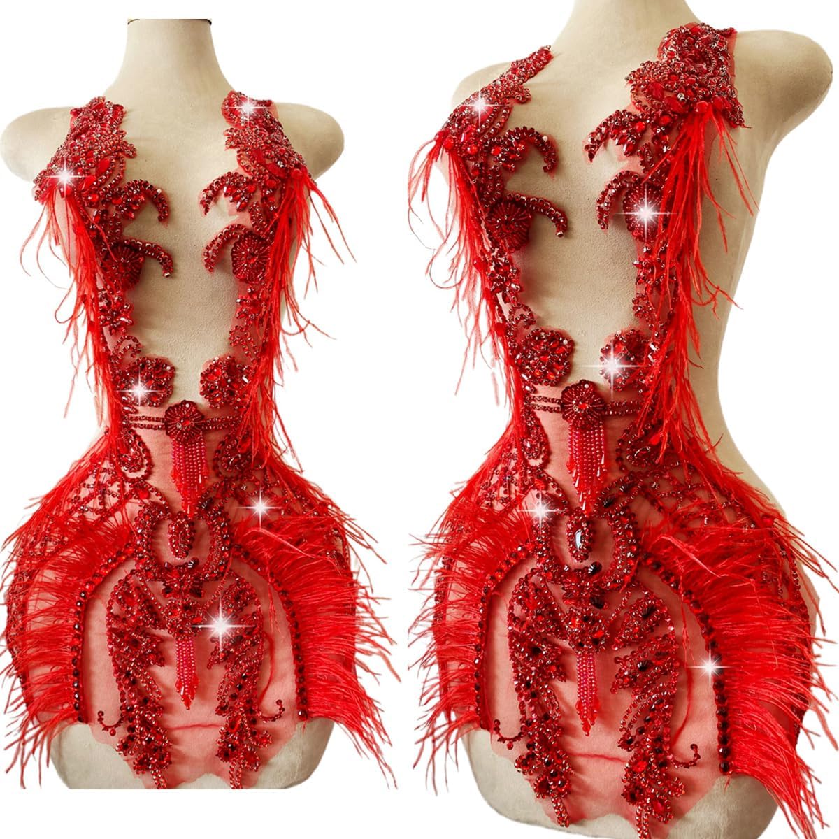 Large Size Pure Hand-Stitched Bodice Rhinestones Appliques Long Feather Decorative Bead Embroidery Trim Patches Exquisite Luxury Accessories for Dress Clothing (Red)