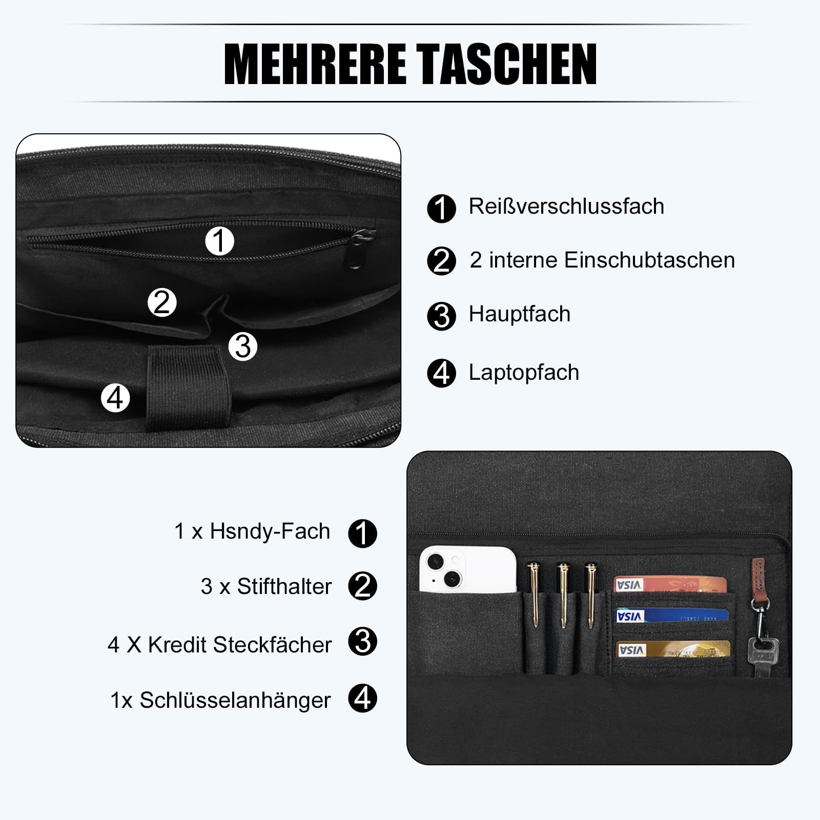 Eshow Umhängetasche Herren Wasserabweisend, Laptoptasche 15,6 Zoll aus Echtleder und Canvas, Messenger Bag Arbeitstasche Schultertasche Vintage für Arbeit Uni Freizeit Büro Schwarz