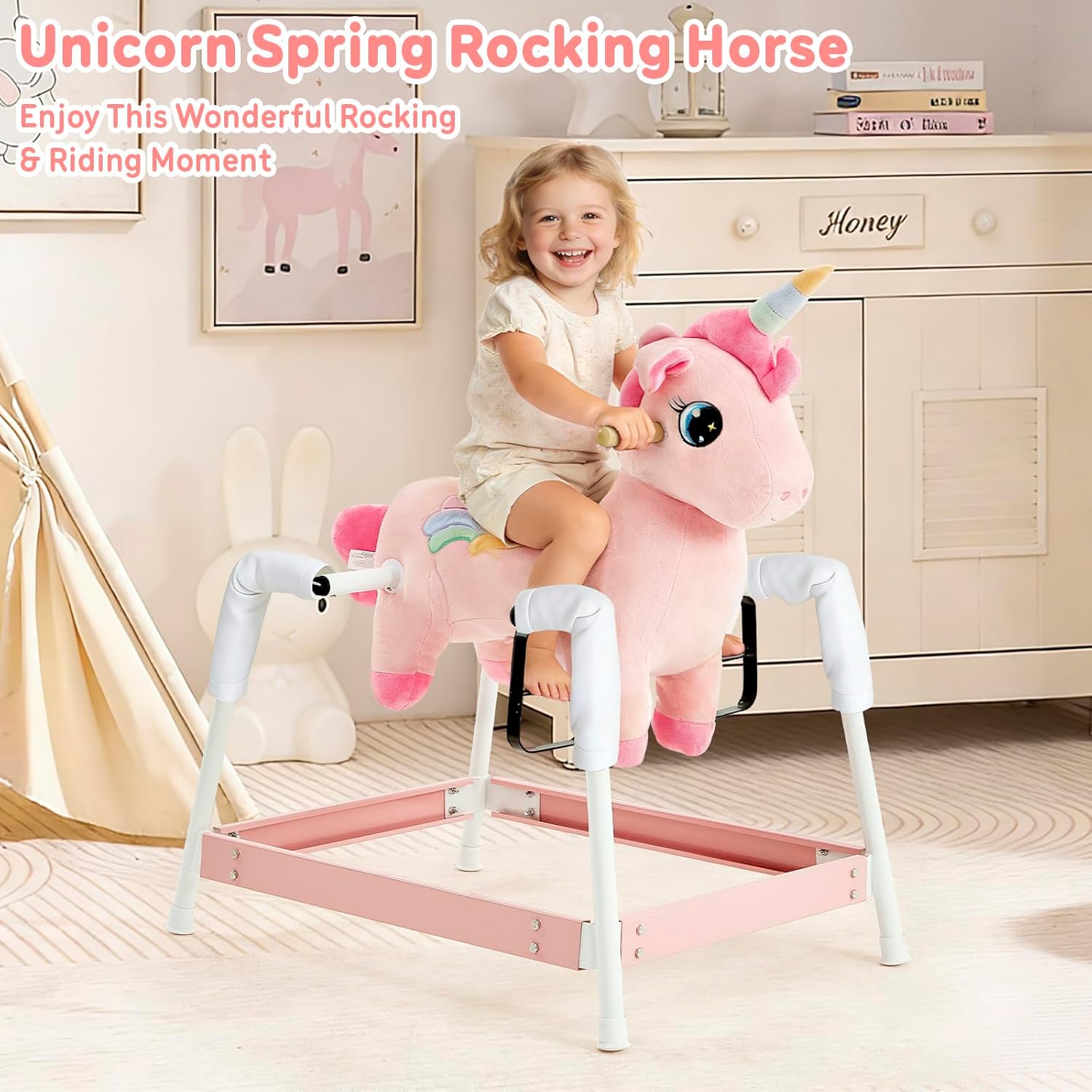 FUNLIO Unicorn Spring Rocking Horse for Kids 3-6, Rainbow Fairy Ride on Horse with Covered Spring & Sturdy Frame, Neighing & Galloping Sound for Pretend Play, Horse Toys Gift, CPC & CE Certified-Pink