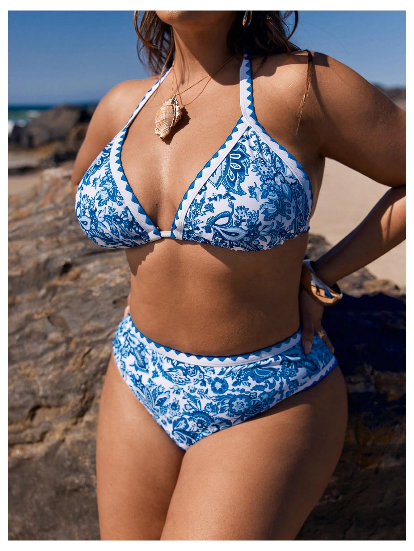 Damskie Bikini Plus Size Z Kwiatowym Nadrukiem 2-częściowy Strój Kąpielowy Trójkątny Wiązany Na Szyi Wysokim Stanem Niebiesko-biały 4XL(Blue and White,X-Large Plus)