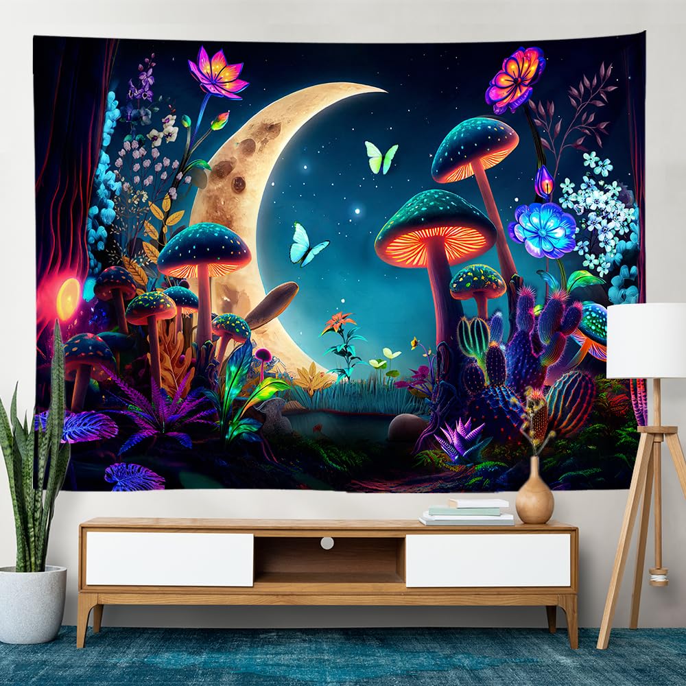 Yosugar Blacklight Reactive Wall Tapestry,Moon and Colorful Mushroom Tapestries, Glow Under UV Light Decorative Wall Hanging for Bedroom, Dorm and Living Room (Moonlit Mushroom, 150x130cm) — image 1