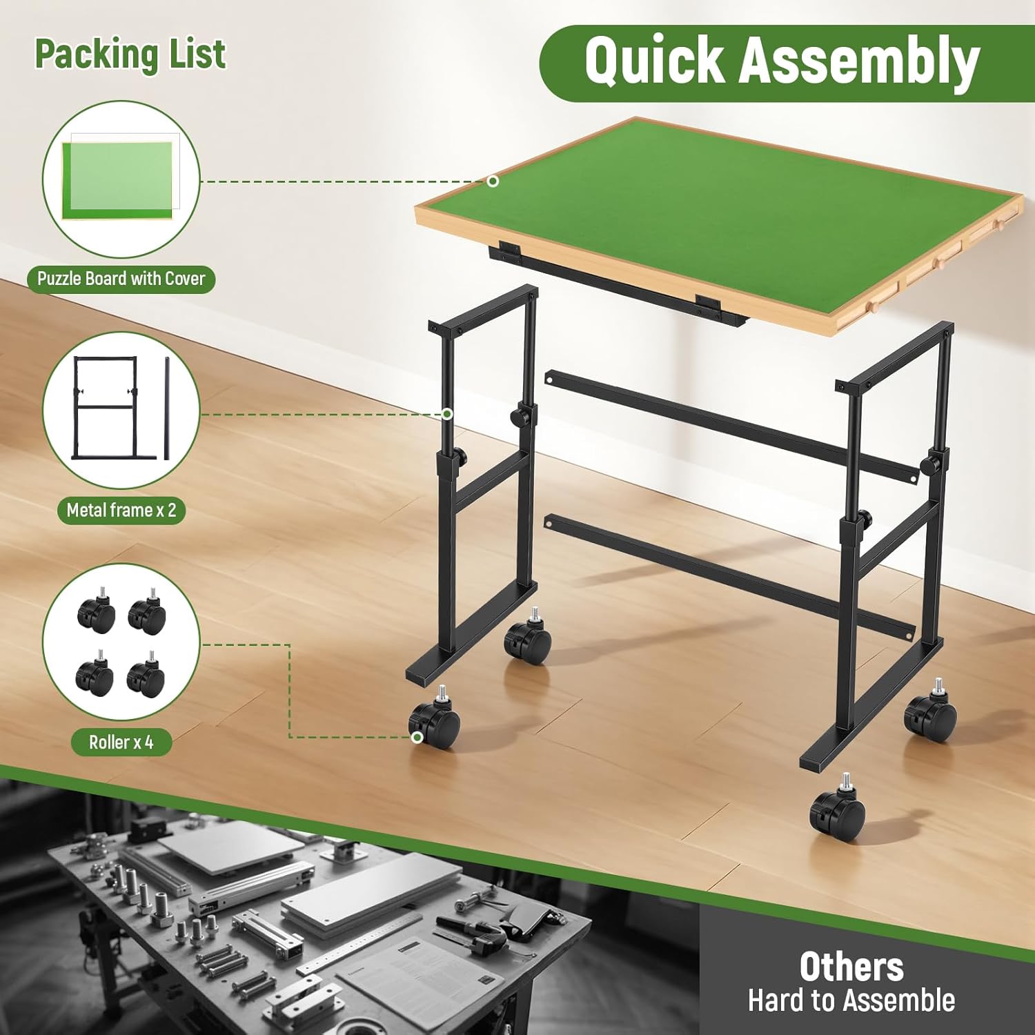 1500 Piece Jigsaw Puzzle Table with Metal Lazy Susan, Rotating Adjustable Height Puzzle Desk with Legs for Adults, 4-Tilting-Angle Portable Wooden Game Board with 6 Drawers & Cover