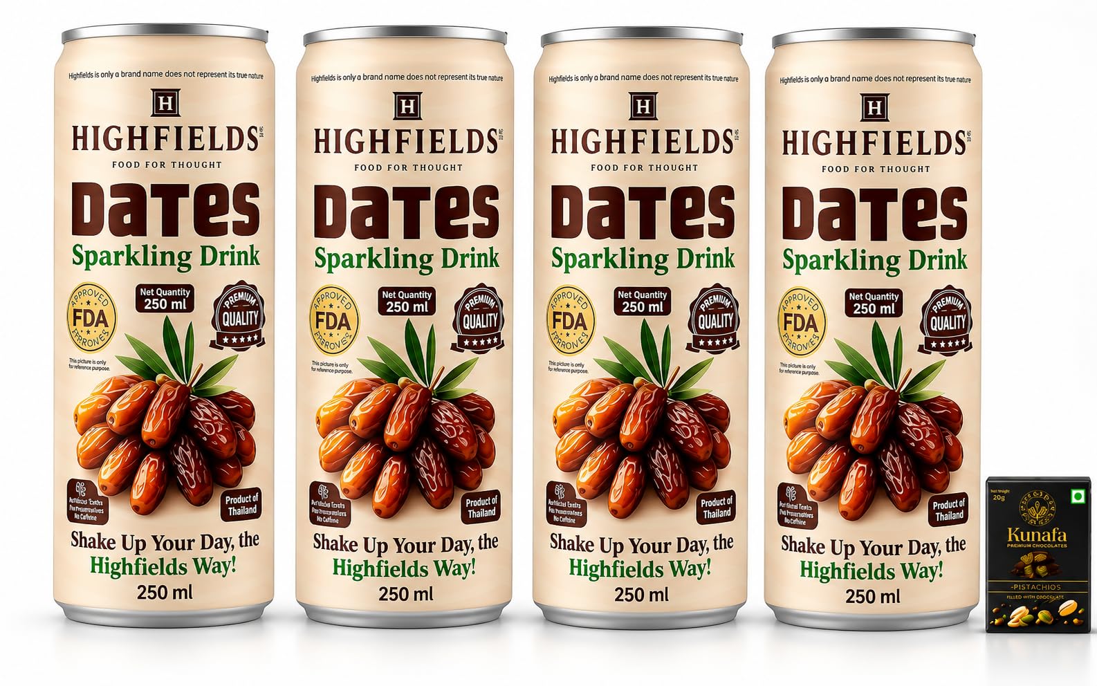 Highfields Dates Sparkling Drink, No Caffeine, No Preservatives, 250ml, Each Pack of 4 with Free Flavourito Kunafa Pistachio Chocolate Bar, 20g By Decadent Foods-image-43