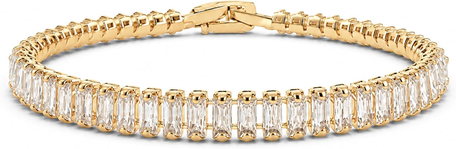 SWEET PEEPS 18K Gold Plated Baguette Cubic Zirconia Classic Tennis Bracelet for Women, Gold Bracelets For Woman, Stackable Gold Jewelry Gift for Her