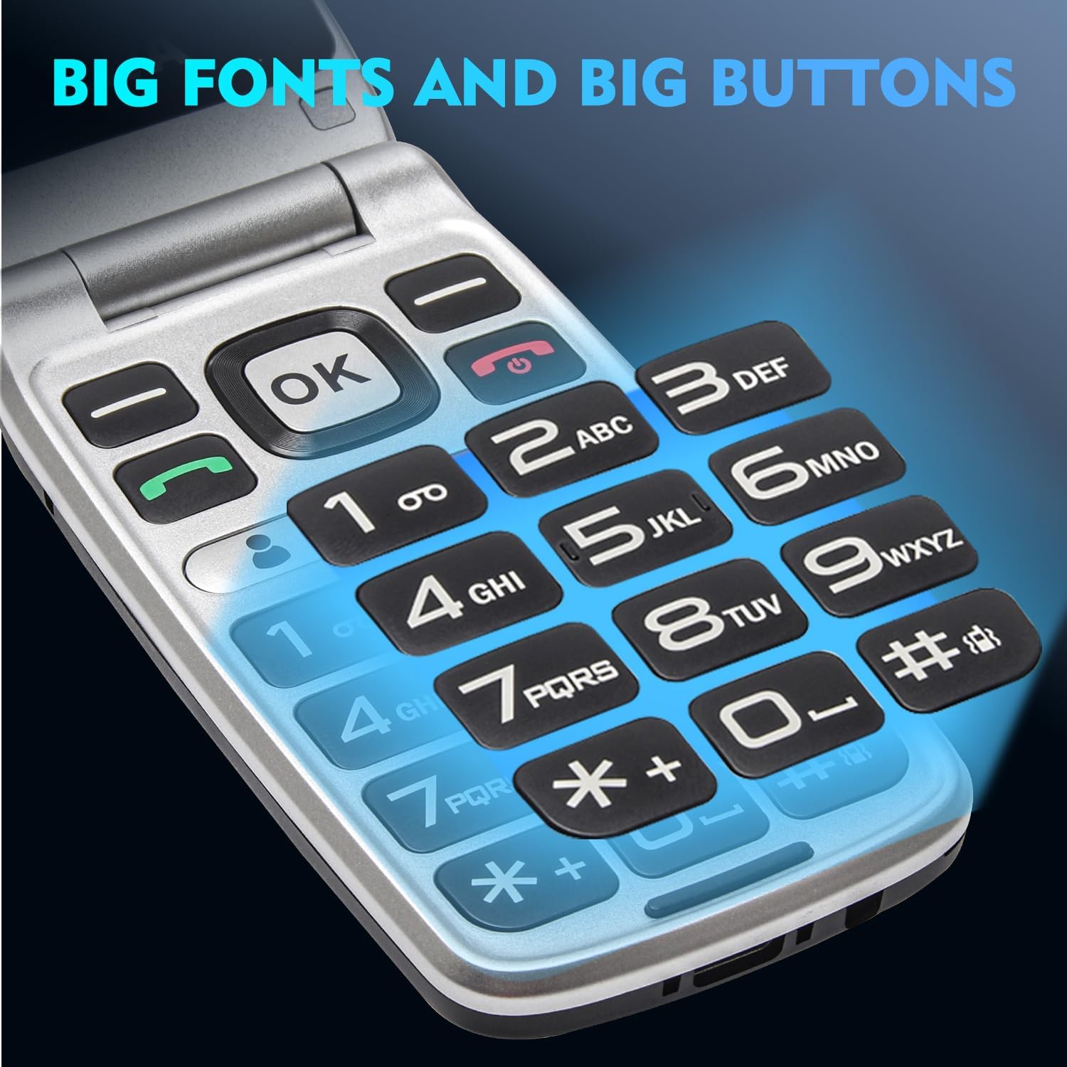 Mosthink flip phone open showing large internal display and keypad.