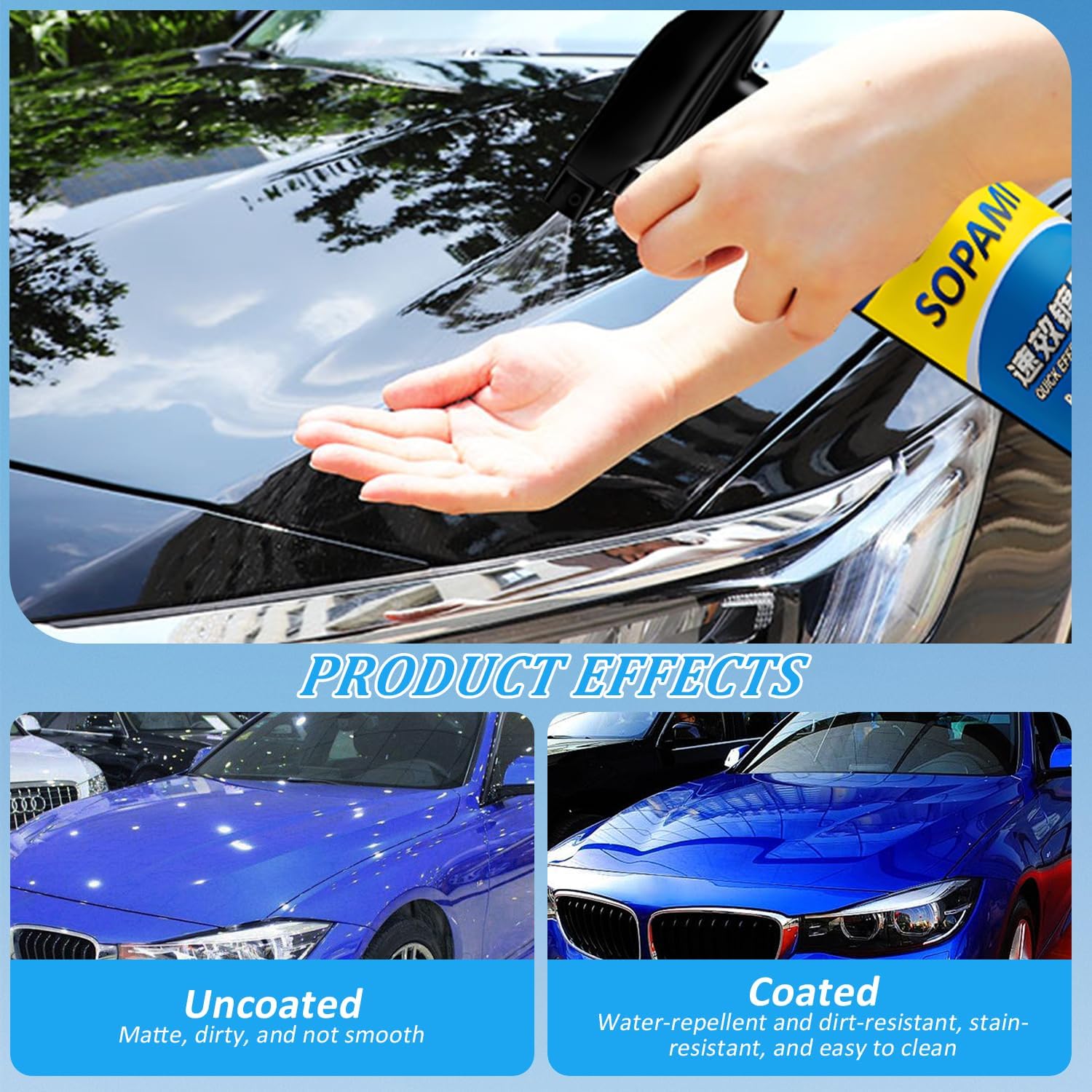 Sopami Car Coating Spray, 17.6 oz Quick Effect Coating Agent,Sopami Quickly Coat Car Wax,Sopami Car Scratch Wax Polish Spray Waterless Wash,Sopami Oil Film Emulsion Glass Cleaner(2PC+2*Sponge+2*Cloth) - Image 3