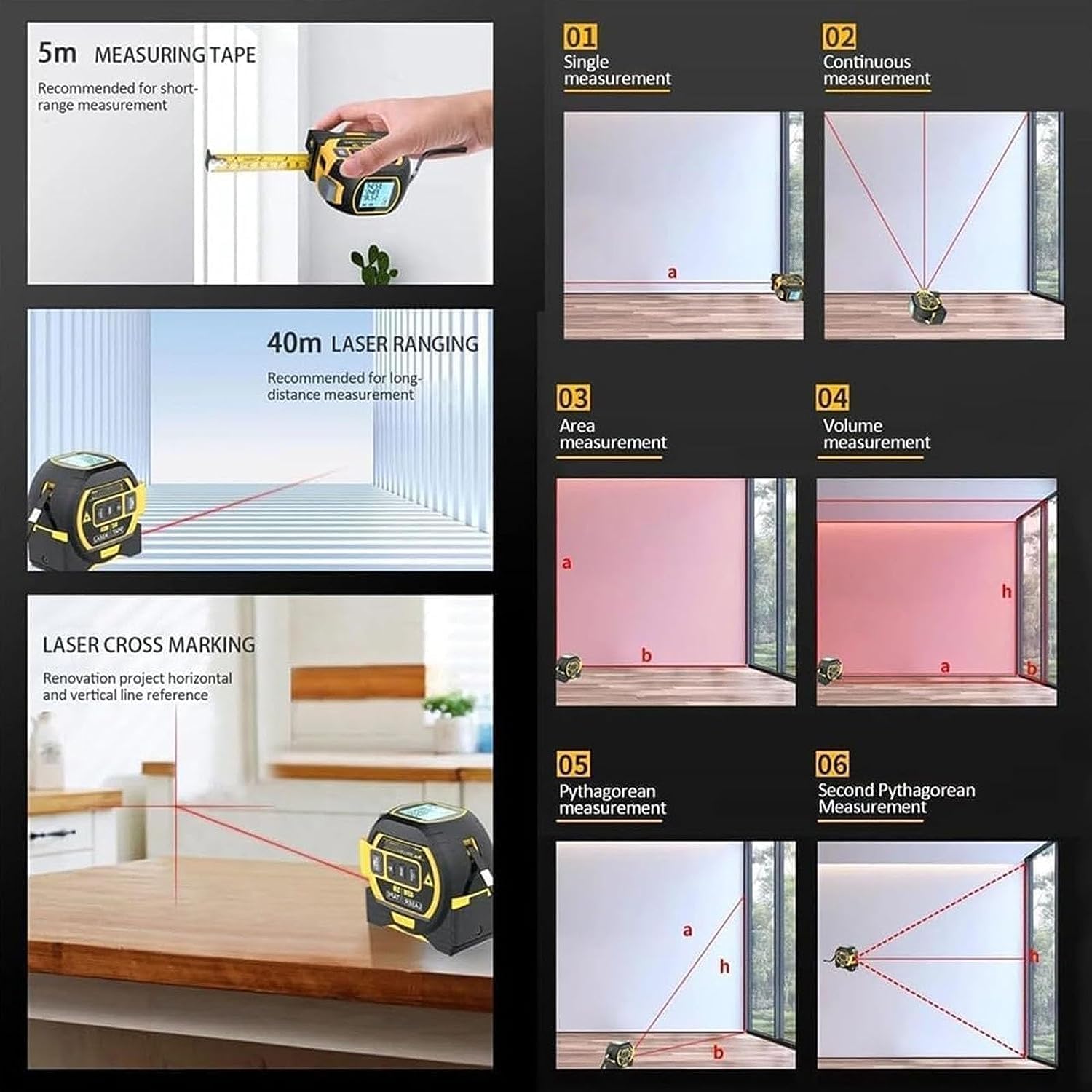 Misuratore Digitale Laser 3 in 1 - Mirino Laser a infrarossi - Misuratore portatile a nastro con Display (60M) - J1