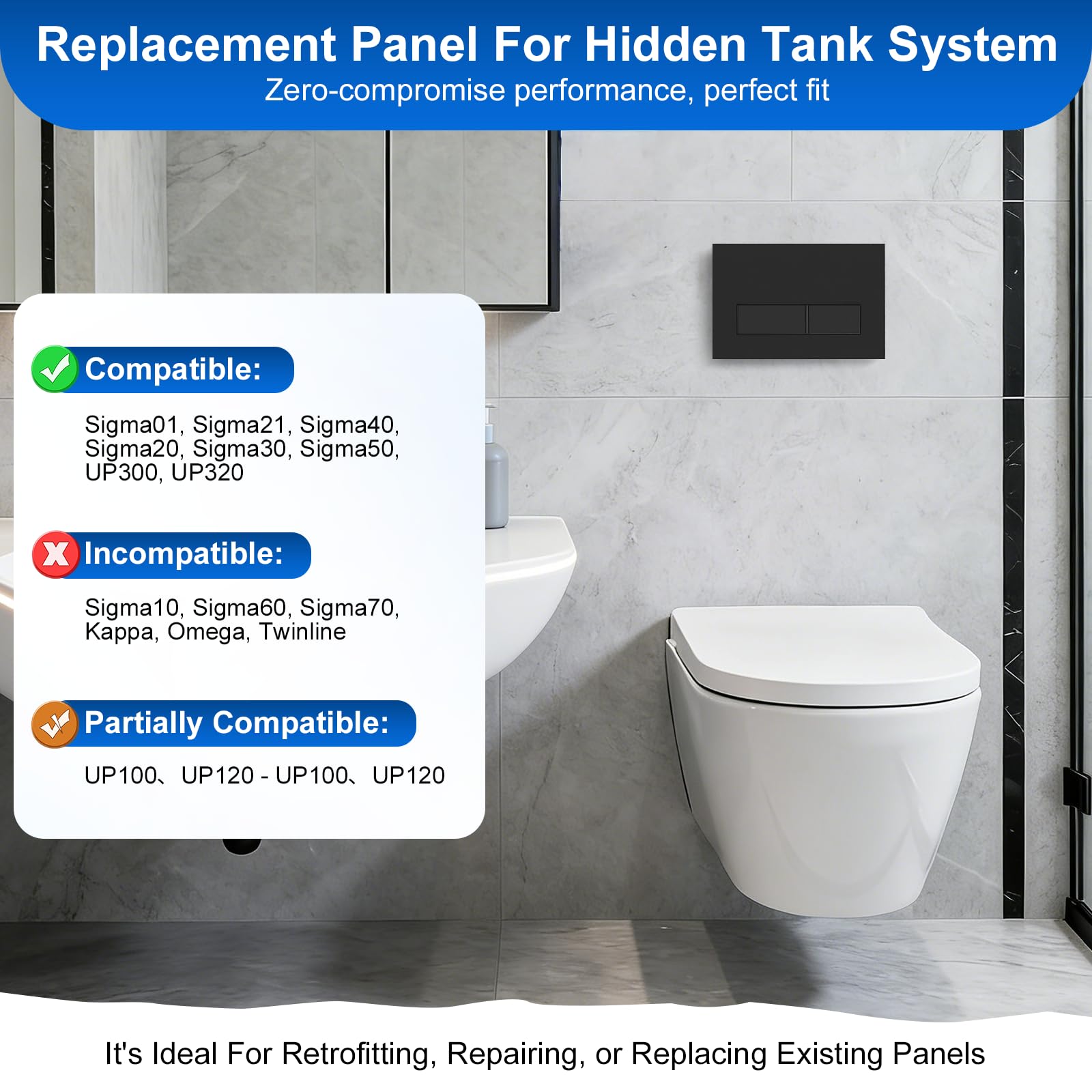 Pulsante WC, Compatibile con Geberit, Piastra a Doppio Scarico, Pulsante di Scarico, UP300, UP320, UP100, UP120, Ricambio, Set Leva di Scarico, Telaio di Montaggio, Nero Opaco, 246x162 mm