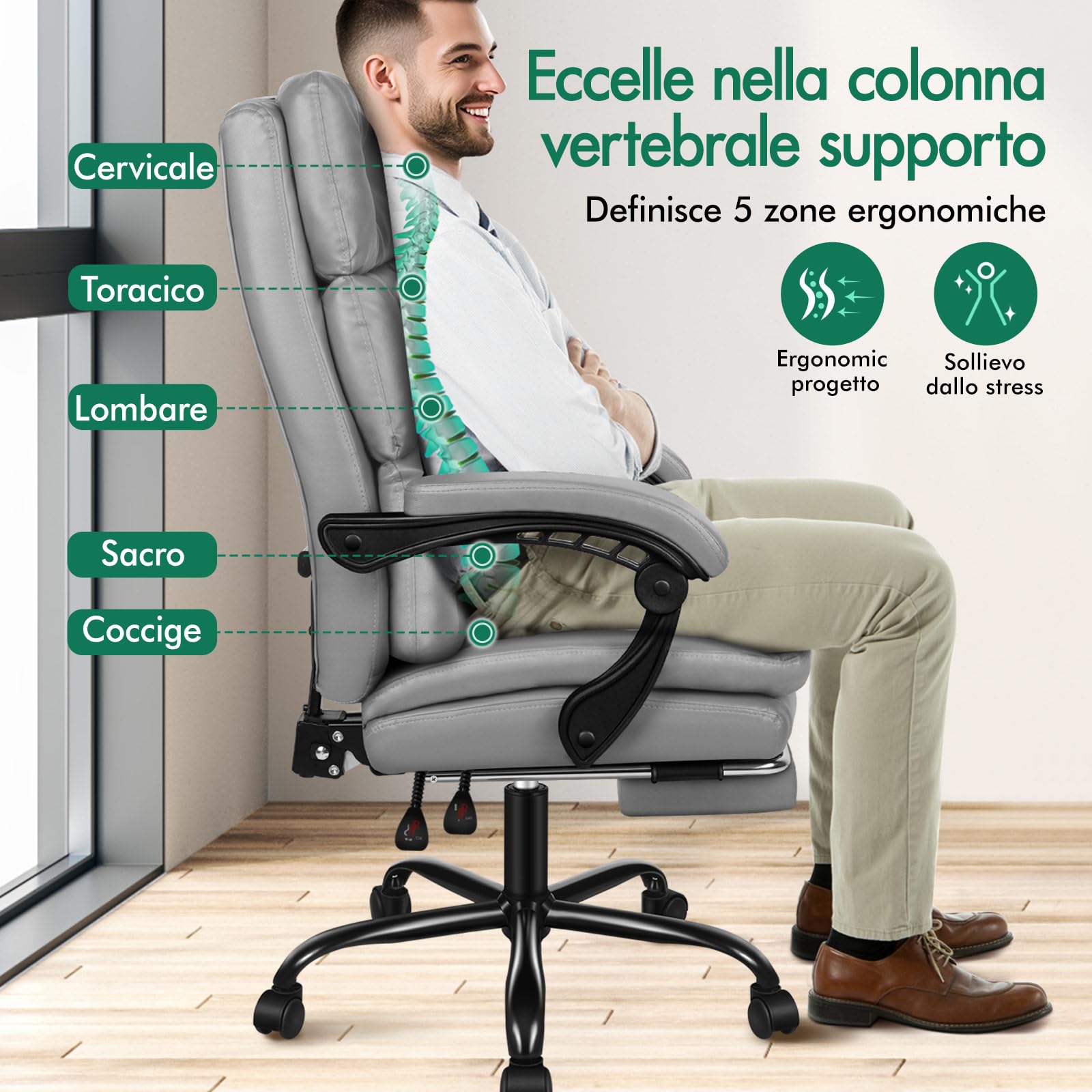 ALFORDSON Sedia Ufficio Ergonomica, Poltrona Direzionale, Girevole e Altezza Regolabile, da Scrivania in Studio con Poggiagambe e Rotelle, Portante di 180 kg, Similpelle(Grigia)