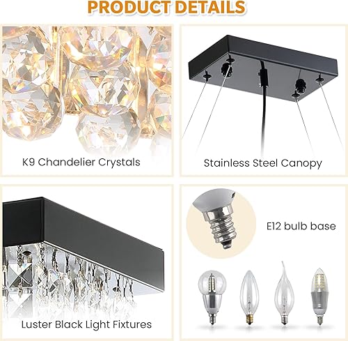 Miniatura 5 de 7PM Candelabro rectangular de cristal K9 moderno colgante rectangular para comedor, cocina, isla dormitorio, color negro, 47 pulgadas de largo x 10