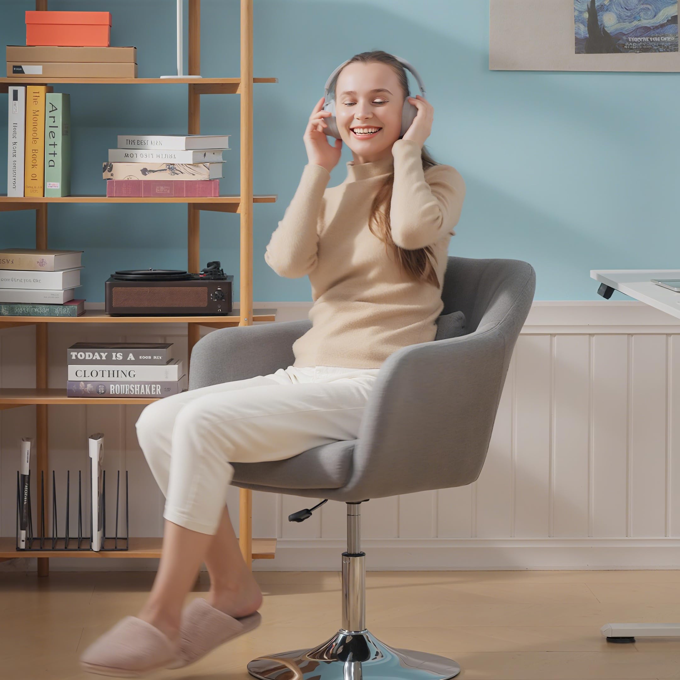 HOMCOM Fauteuil de Salon Chaise Relax Fauteuil de Chambre Grand Confort - Coussins lombaires Hauteur réglable pivotant 360° piètement en métal chromé - Gris