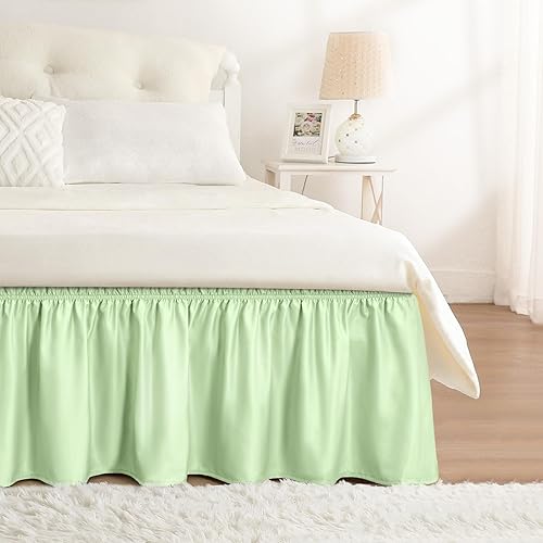 Falda de cama RIMELA tamaño Queen color verde bebé con caída de 15 pulgadas, falda elástica envolvente, volante que protege contra el polvo para