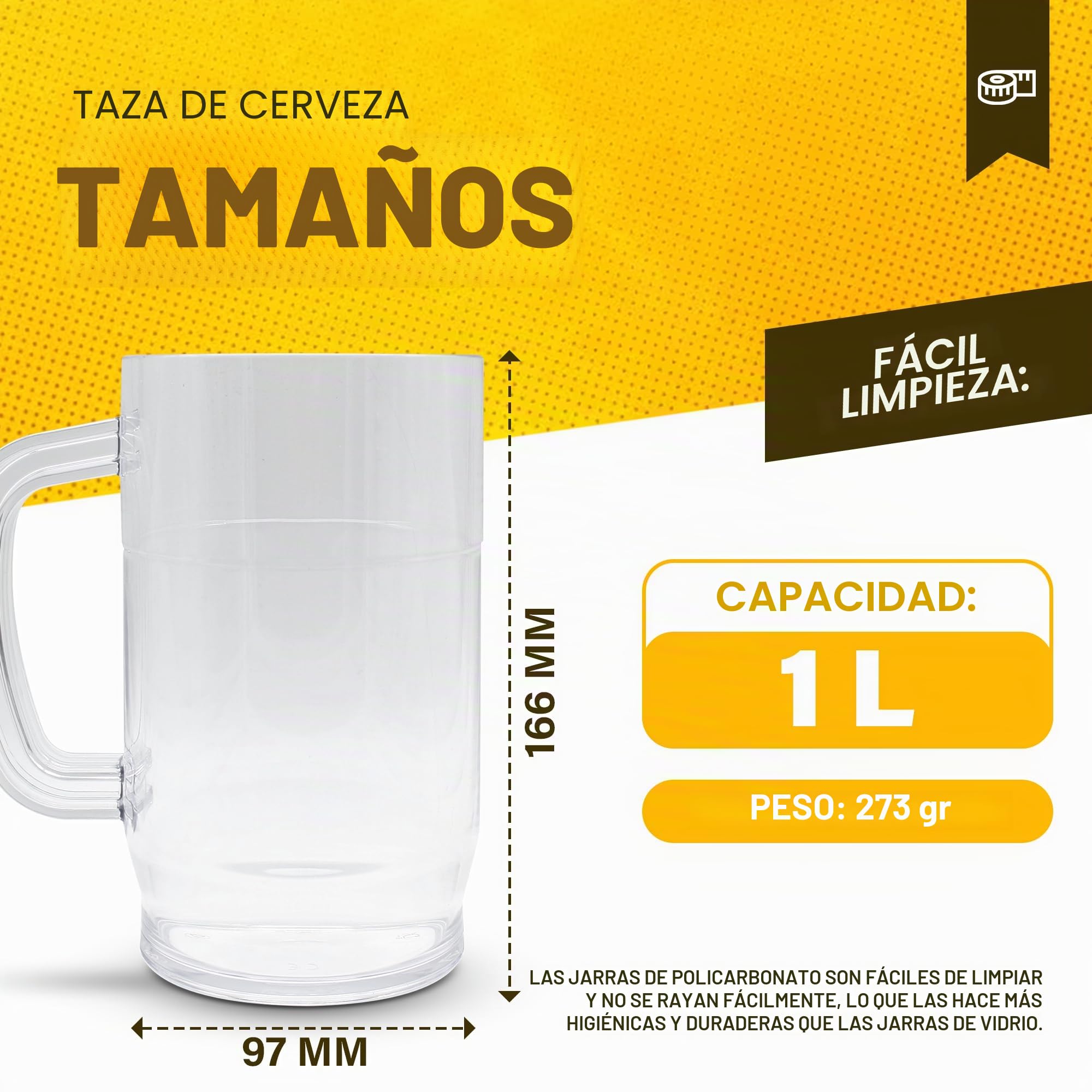 DOJA Barcelona | Jarra de Cerveza de Plastico | 1 L | Pack 8 | Jarras de Cerveza de Policarbonato | Vasos de Cerveza de Plastico Duro Reutilizable | Jarra Plastico para Cerveza Artesanal