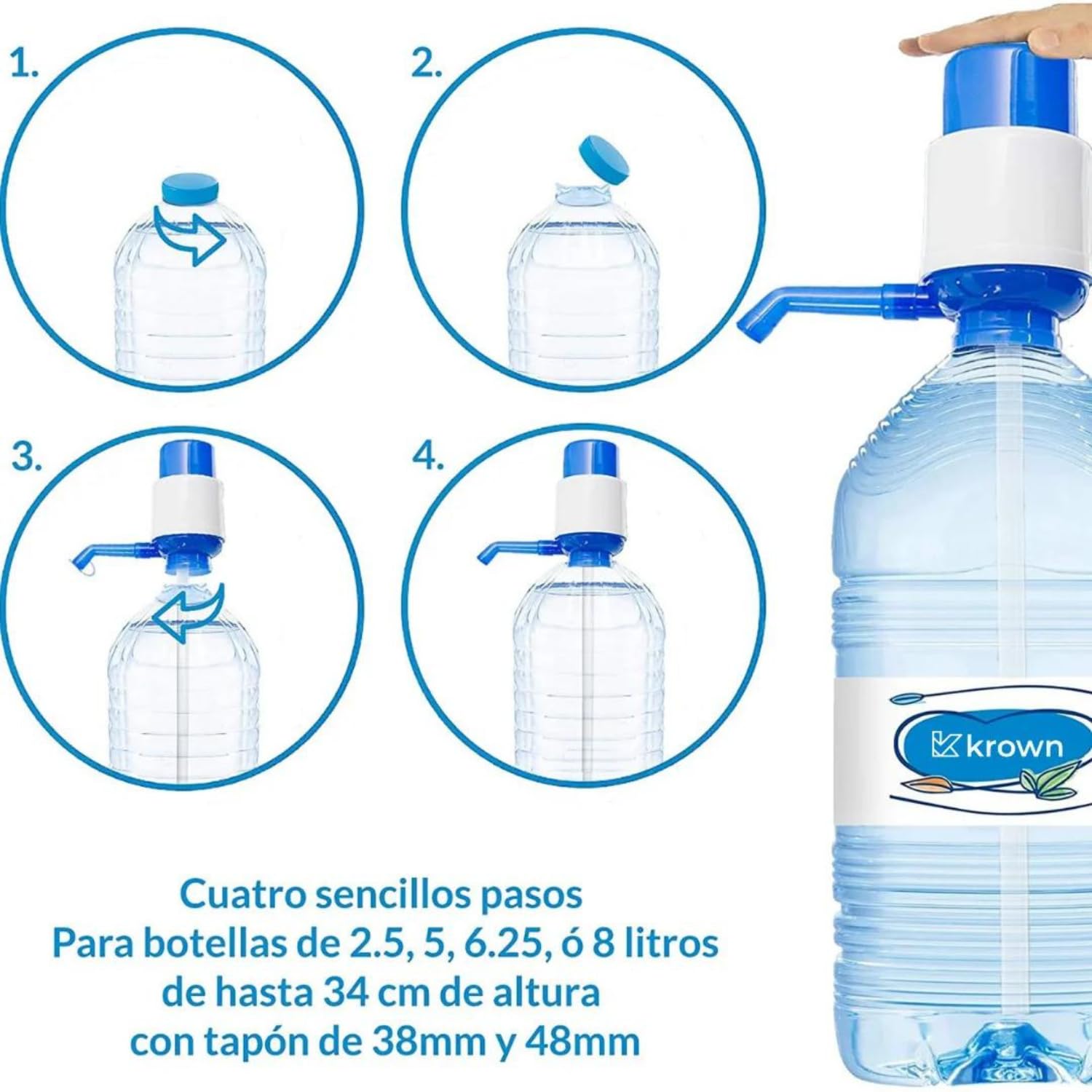 KROWN - Dispensador de Agua Manual para Garrafas, Bomba de Agua Compatible con Botellas de 2.5 a 8 litros, Tapón de 38mm y 48mm (1 Unidad)
