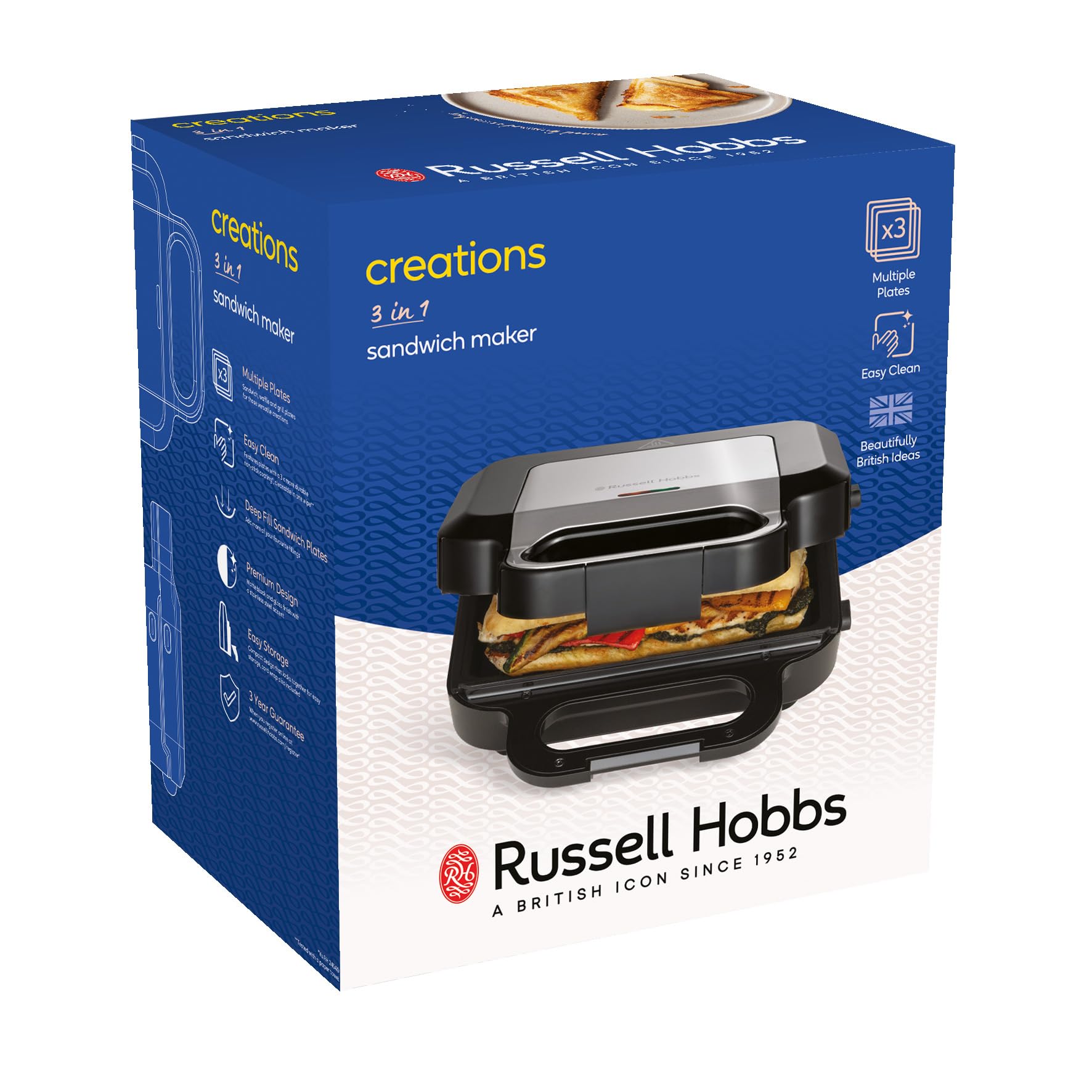 Russell Hobbs Appareil Croque Monsieur [Multifonction 3en1] Creations (extra profondes pour sandwich épais, gaufrier, panini, 3 plaques antiadhésives & sans BPA, nettoyage facile) 26810-56