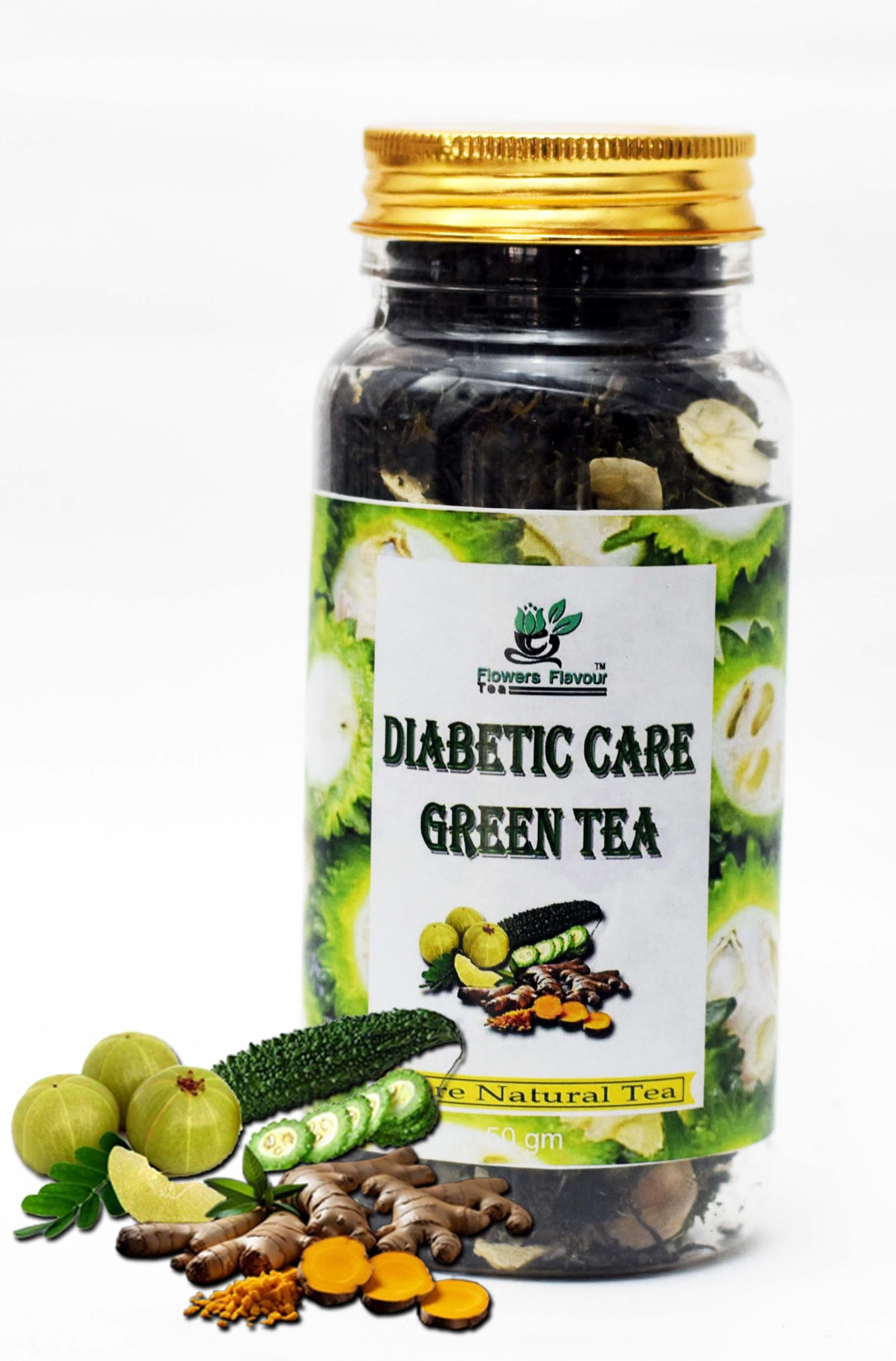 Flowers Flavour Tea, Diabetic Care Green Tea, 50g (100 Cups), Low Caffeine, |Pure Natural| Pure Whole Lipes| Sleep Tea | Herbal Tea| Calming Tisane - Soothing Tea | Pet Jar