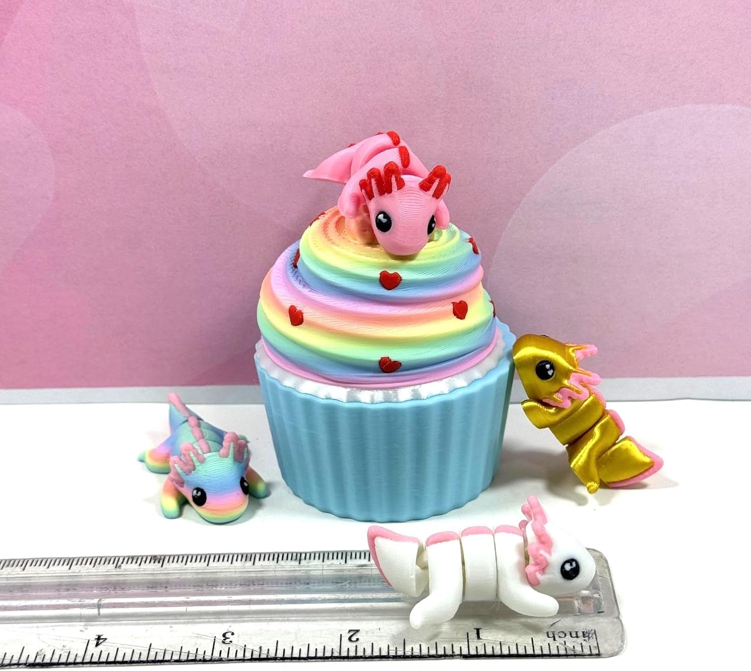 4pcs 3D Printed Articulated Mini Axolotl, 3D Printed Cupcake Container, Colorful Valentines Axolotl Fidget Toy, Mini Axolotl Fidget Toy, Executive Desk Toy, Home Decor MA001-CC-BMAC