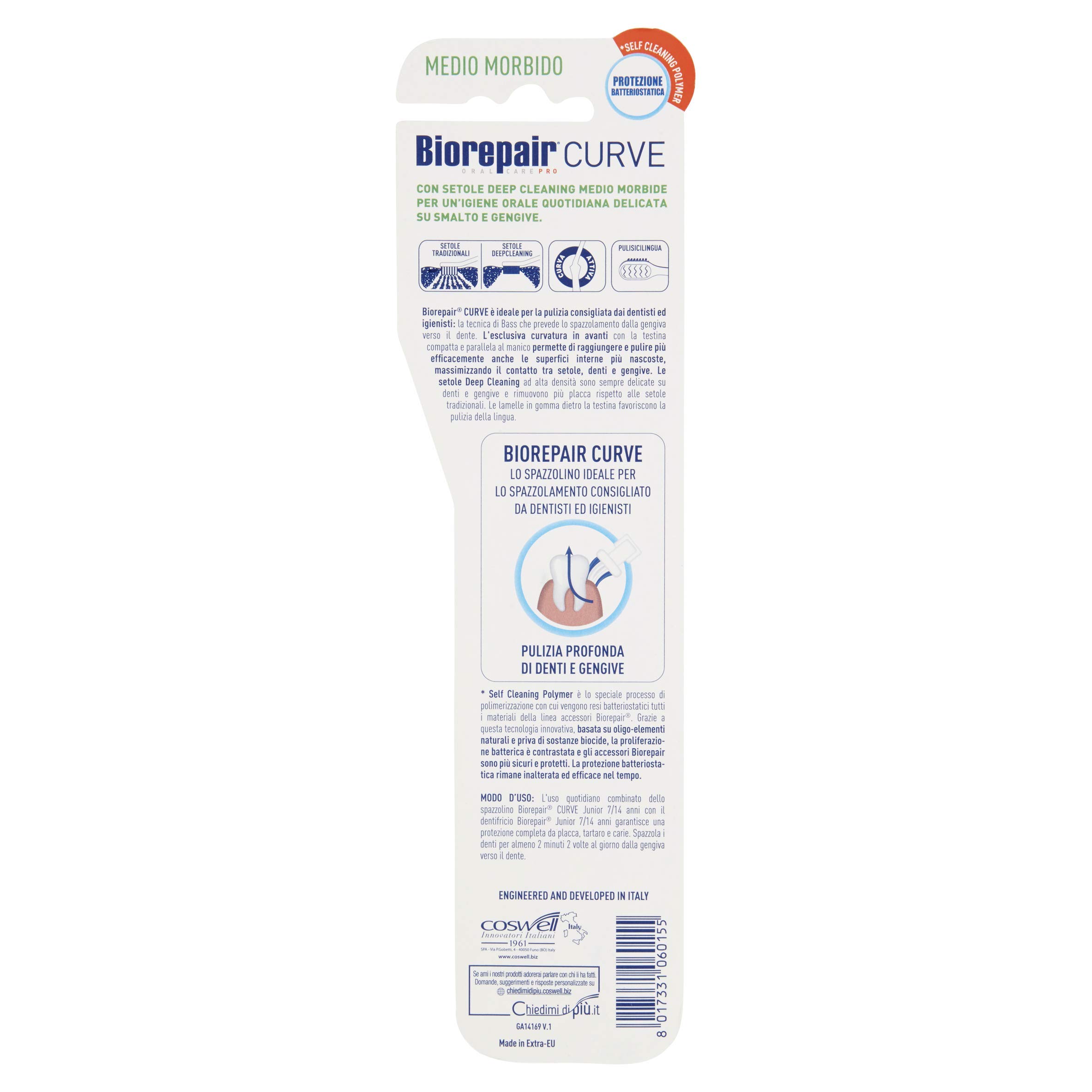 Biorepair, Cepillo de dientes Junior, paquete de 12 unidades, cepillo de dientes para niños de 6 a 12 años, clínicamente probado, con cerdas medio-suaves, forma curva patentada, antibacteriano,