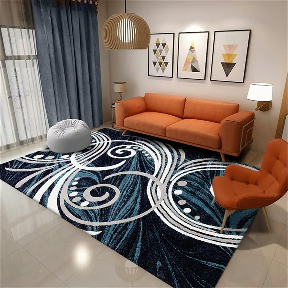 Tapis XXL salon 200x200cm bleu et gris moderne à motif incurvé