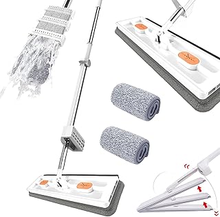 Roseionly Mop, Roseionly Large Flat Mop, New Upgrade Style Large Flat Mop, 360° Rotatable Adjustable Cleaning Mop, Wall Mops for Washing Walls, Magic Mop with Dewatering Scraper (White Mop + 2pcs Rag)
