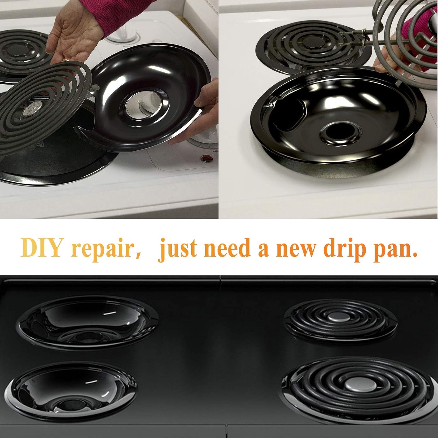 APPLIANCEMATES Black Porcelain Drip Pans Set 4-Pack 318067041 & 318067051 Replacement for Frigidaire Electric Range Stove Burner 5304430149, 5304430150 Includes 2 Large 2 Small (6 Inch and 8 Inch) thumbnail