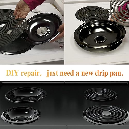 Miniatura 6 de APPLIANCEMATES Juego de 4 bandejas de goteo de porcelana negra, 318067041 y 318067051, repuesto para quemador de estufa eléctrica Frigidaire