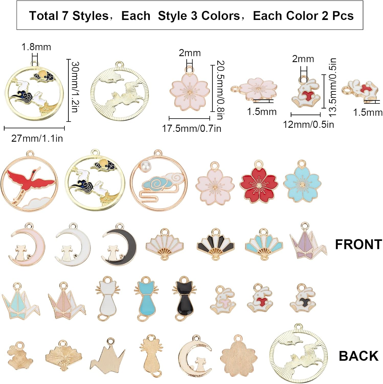 SUNNYCLUE 1 Box 42Pcs 21 Styles Assorted Colorful Enamel Alloy Pendant Charms Golden Plated Fan Sakura Flower Cat Flat Round Japanese Style Pendants for Jewelry Making Crafts Supplies - Image 2