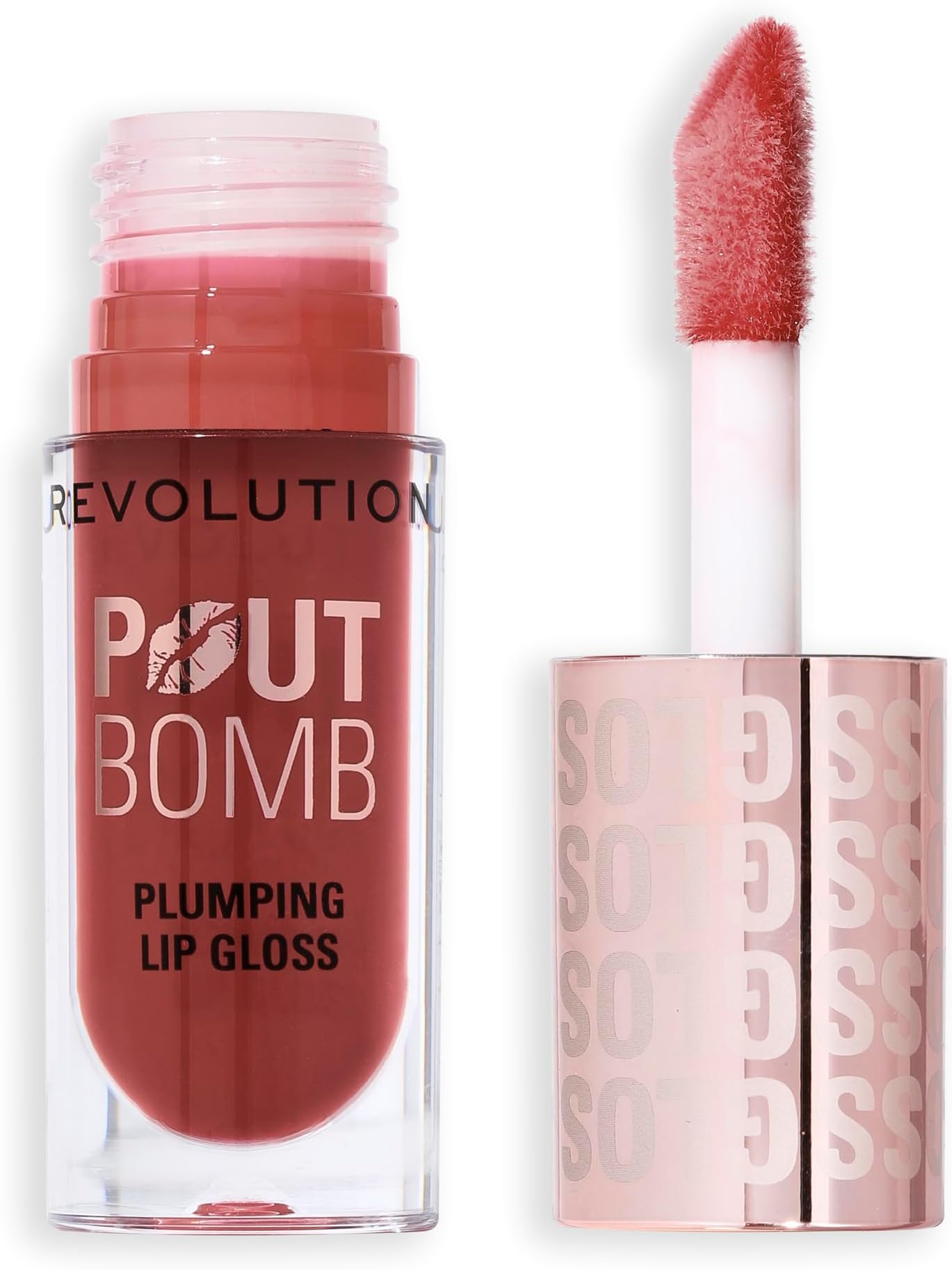Makeup Revolution Pout Bomb Plumping Gloss – Cookie Deep Nude | 3-in-1 Lip Plumper + Gloss + Treatment | With Hyaluronic Acid, Vitamin E & Peppermint | Glass-Like Shine, Non-Sticky Finish | 100% Vegan & Cruelty-Free | 4.6ml