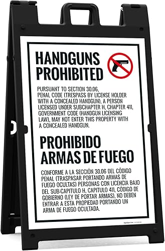 Concealed Carry Prohibited Texas Penal Code Section 3007 Bilingual Sidewalk Sign Kit 24x36 Inches With A Frame Stand Made in USA by Sigo Signs