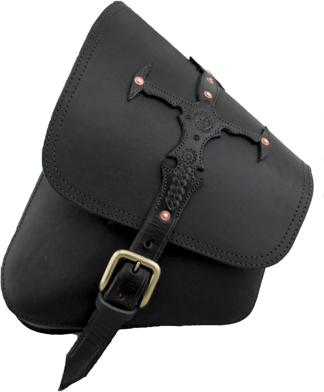 La Rosa Design Harley-Davidson Softail Rigid Frame Left Side Solo Saddle Bag Swingarm Bag - Black Leather with Sword Design Sigle Strap